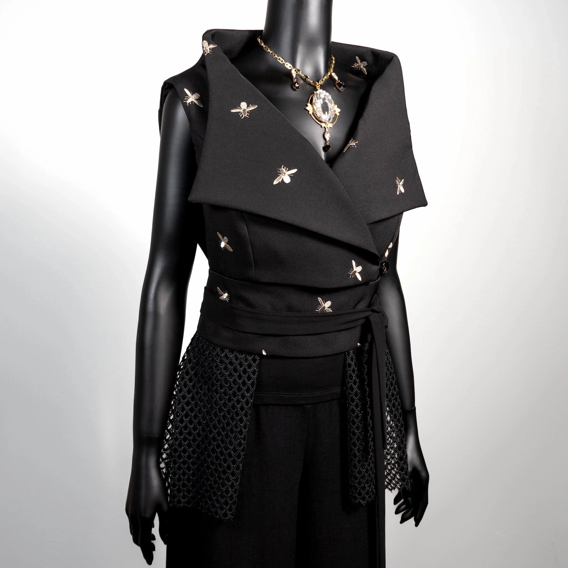 Black vest with embroidered bees and mesh lace obi belt Melbourne made clothing Eloise the label