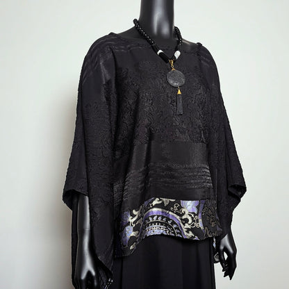 One Of A Kind Top - Soft Draping Black Jacquard with Purple Floral Trim