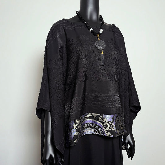 One Of A Kind Top - Soft Draping Black Jacquard with Purple Floral Trim