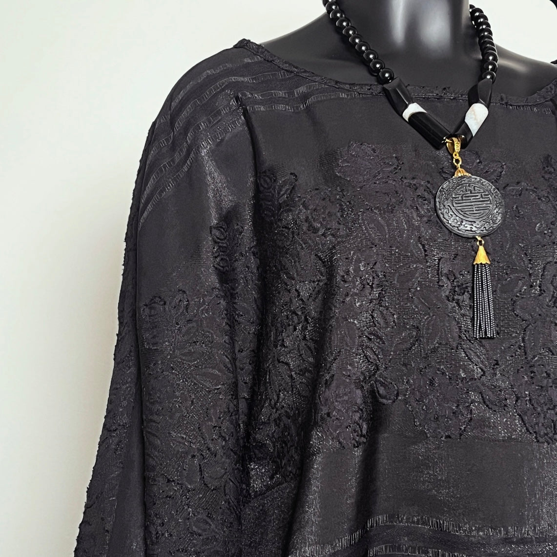 One Of A Kind Top - Soft Draping Black Jacquard with Purple Floral Trim