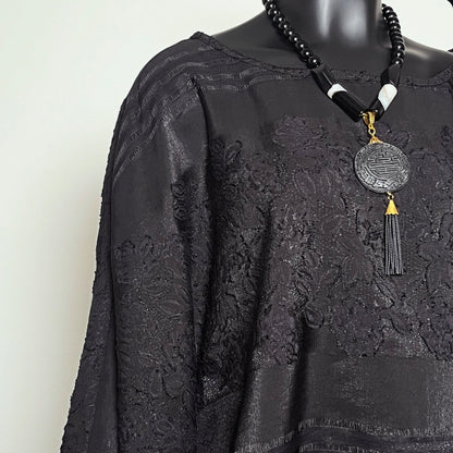 One Of A Kind Top - Soft Draping Black Jacquard with Purple Floral Trim