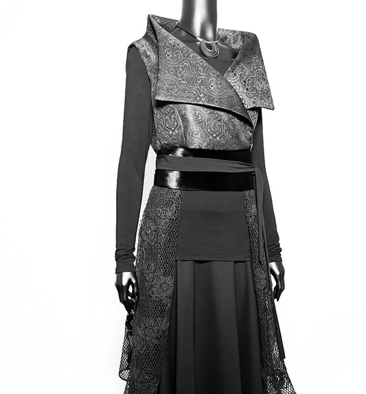 One Of A Kind Longline Vest And Obi Belt Set - Black Jacquard And Corded Mesh Lace