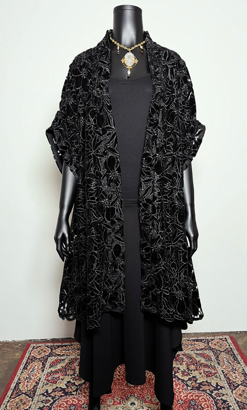 Black Velvet Guipure Lace Swing Coat - One Of A Kind