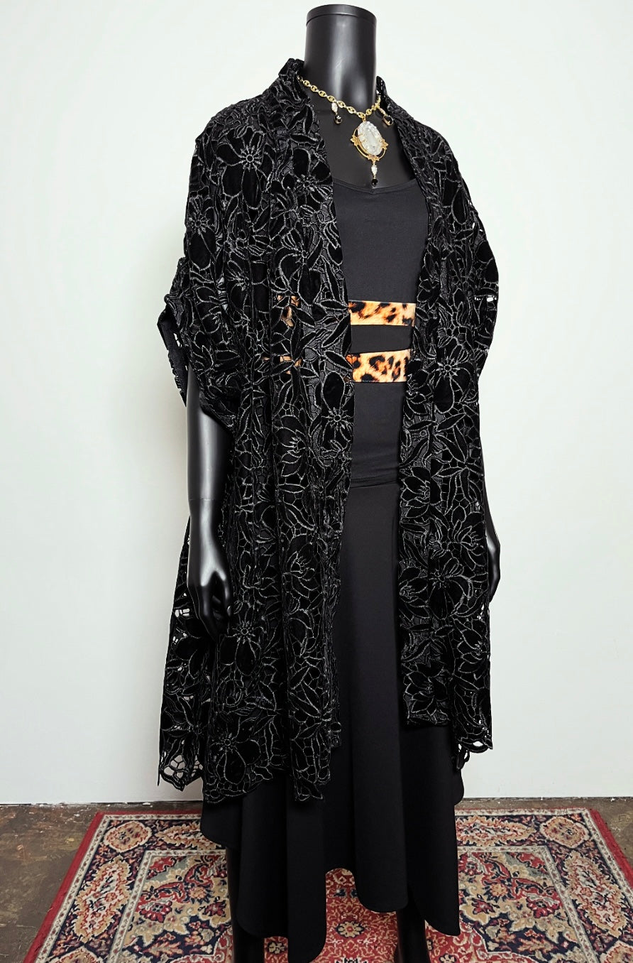 Black Velvet Guipure Lace Swing Coat - One Of A Kind