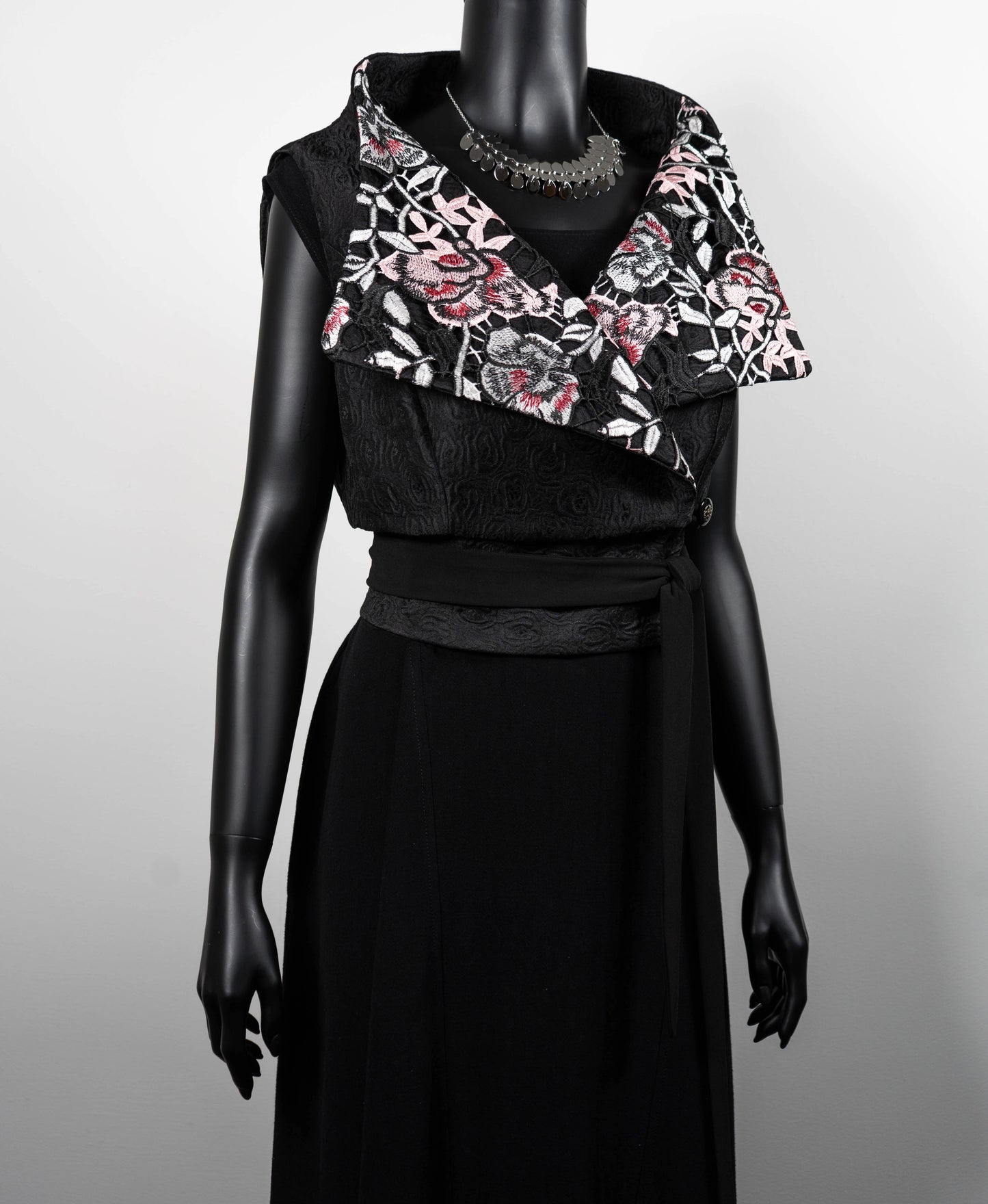 Womans vest black jacquard pink floral lace collar black obi belt black linen dress made in Melbourne evening wear silver choker necklace Eloise the label