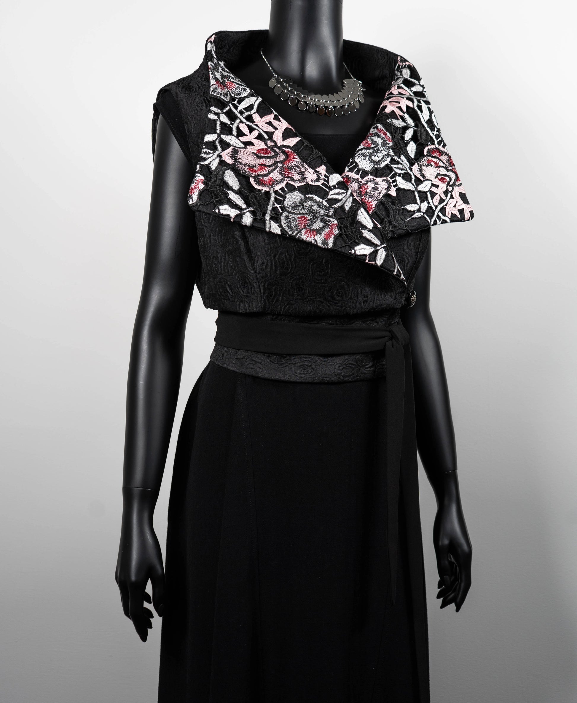Womans vest black jacquard pink floral lace collar black obi belt black linen dress made in Melbourne evening wear silver choker necklace Eloise the label