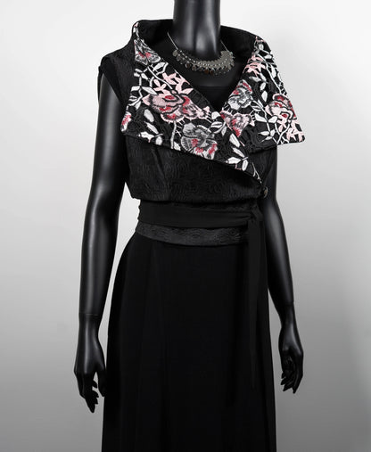 Womans vest black jacquard pink floral lace collar black obi belt black linen dress made in Melbourne evening wear silver choker necklace Eloise the label