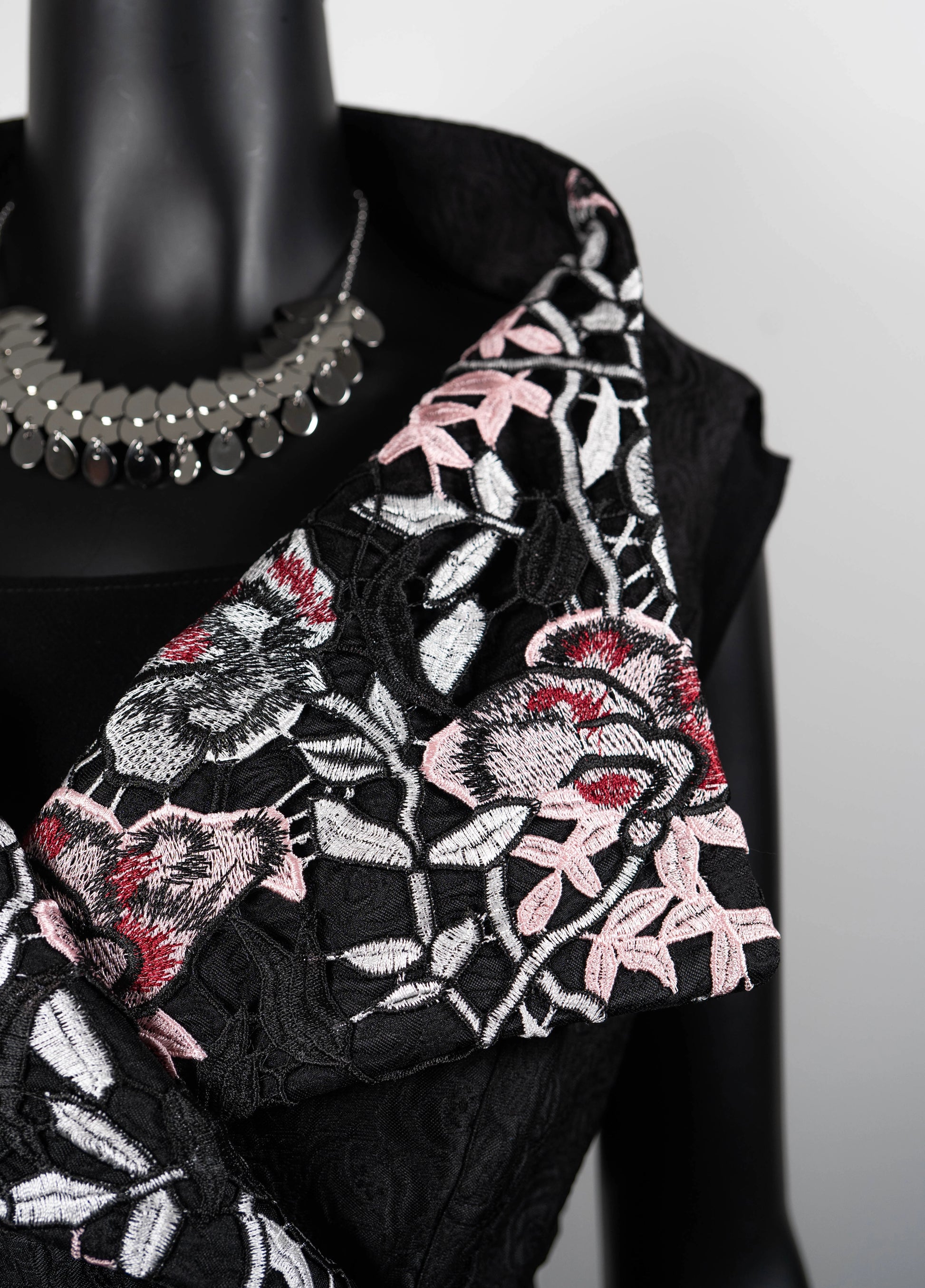 Womans vest black jacquard pink floral lace collar black obi belt black linen dress made in Melbourne evening wear silver choker necklace Eloise the label