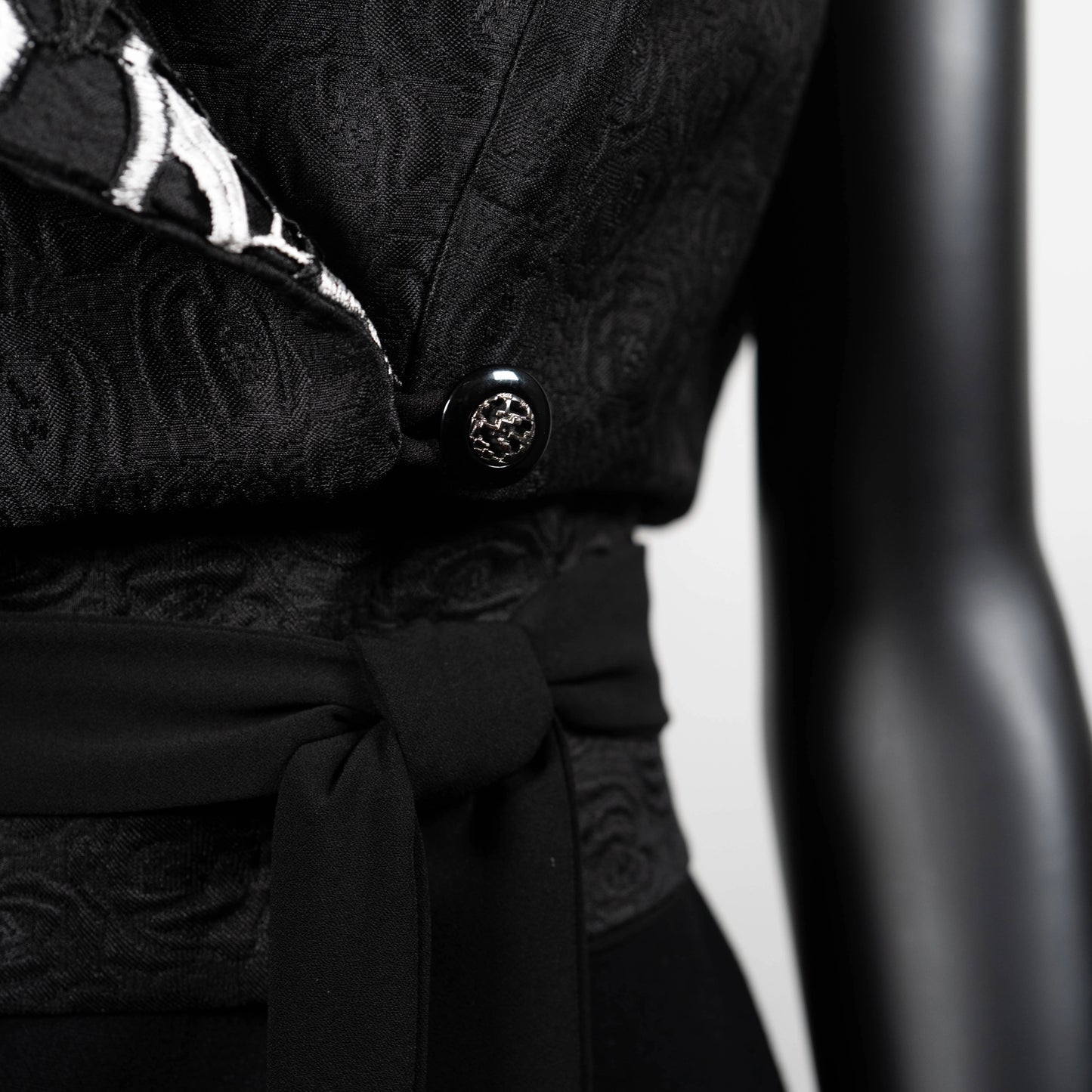 Womans vest black jacquard pink floral lace collar black obi belt black linen dress made in Melbourne evening wear silver choker necklace Eloise the label