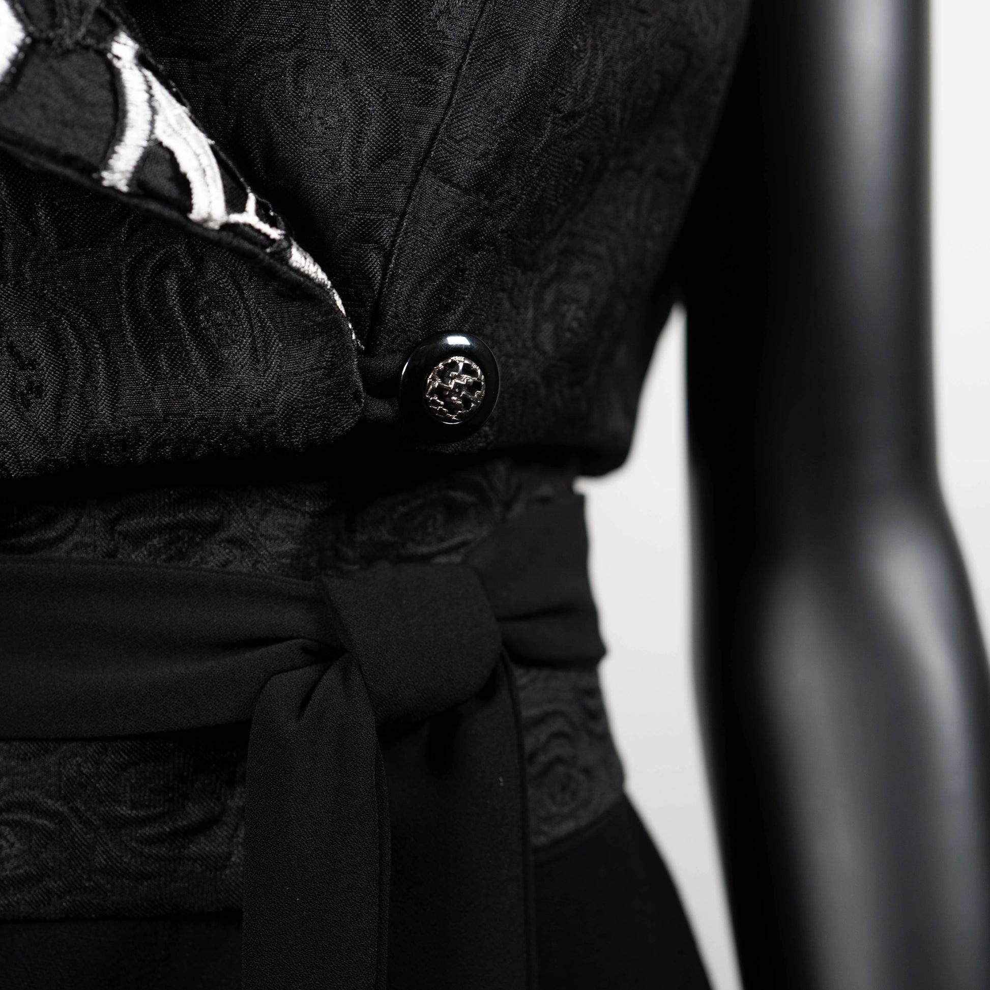 Womans vest black jacquard pink floral lace collar black obi belt black linen dress made in Melbourne evening wear silver choker necklace Eloise the label