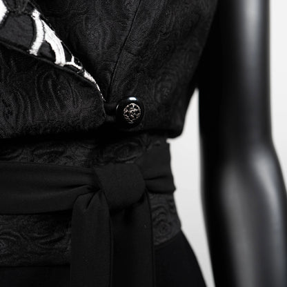 Womans vest black jacquard pink floral lace collar black obi belt black linen dress made in Melbourne evening wear silver choker necklace Eloise the label