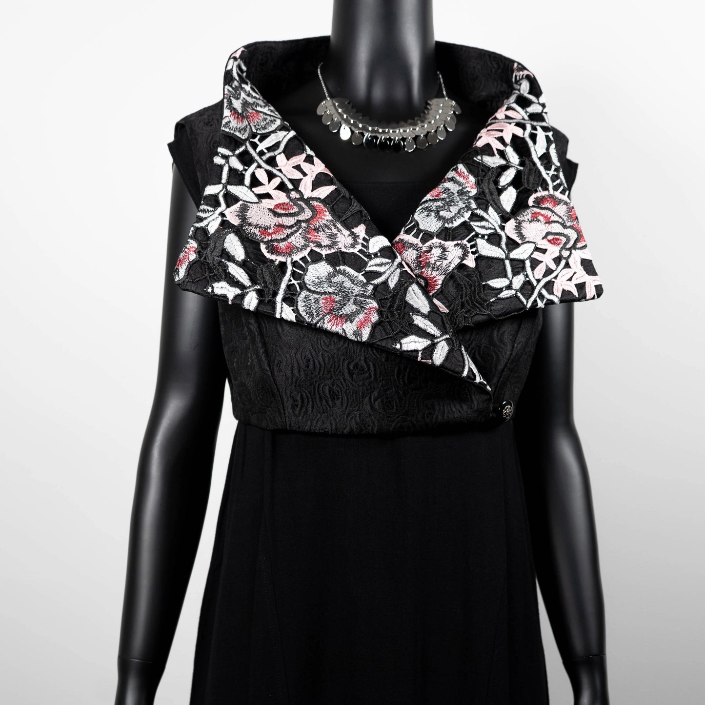 Womans vest black jacquard pink floral lace collar black obi belt black linen dress made in Melbourne evening wear silver choker necklace Eloise the label
