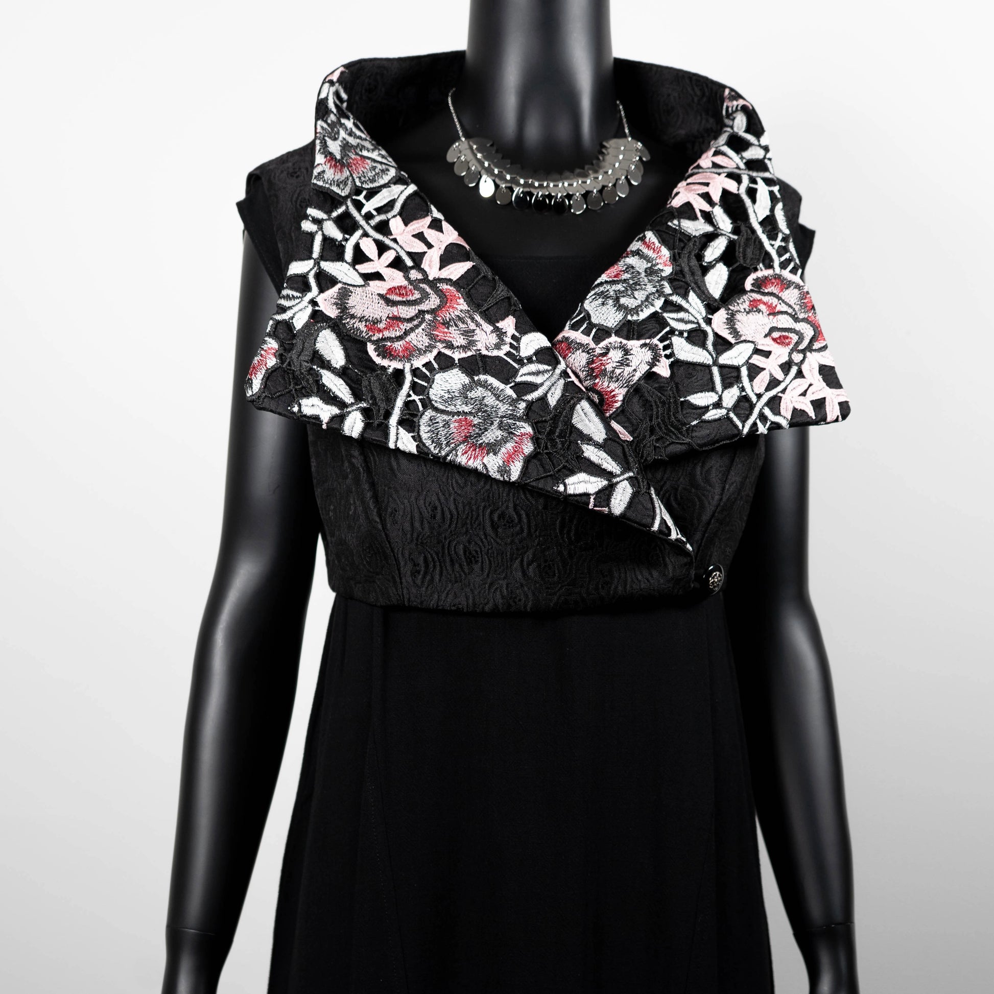 Womans vest black jacquard pink floral lace collar black obi belt black linen dress made in Melbourne evening wear silver choker necklace Eloise the label