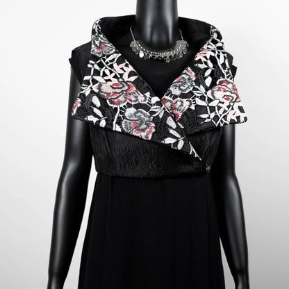 Womans vest black jacquard pink floral lace collar black obi belt black linen dress made in Melbourne evening wear silver choker necklace Eloise the label