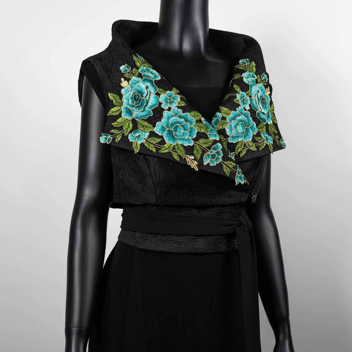 Ophelia Vest & Obi Belt Set - Black Rose Jacquard With Luxe Blue Floral Applique - One Of A Kind