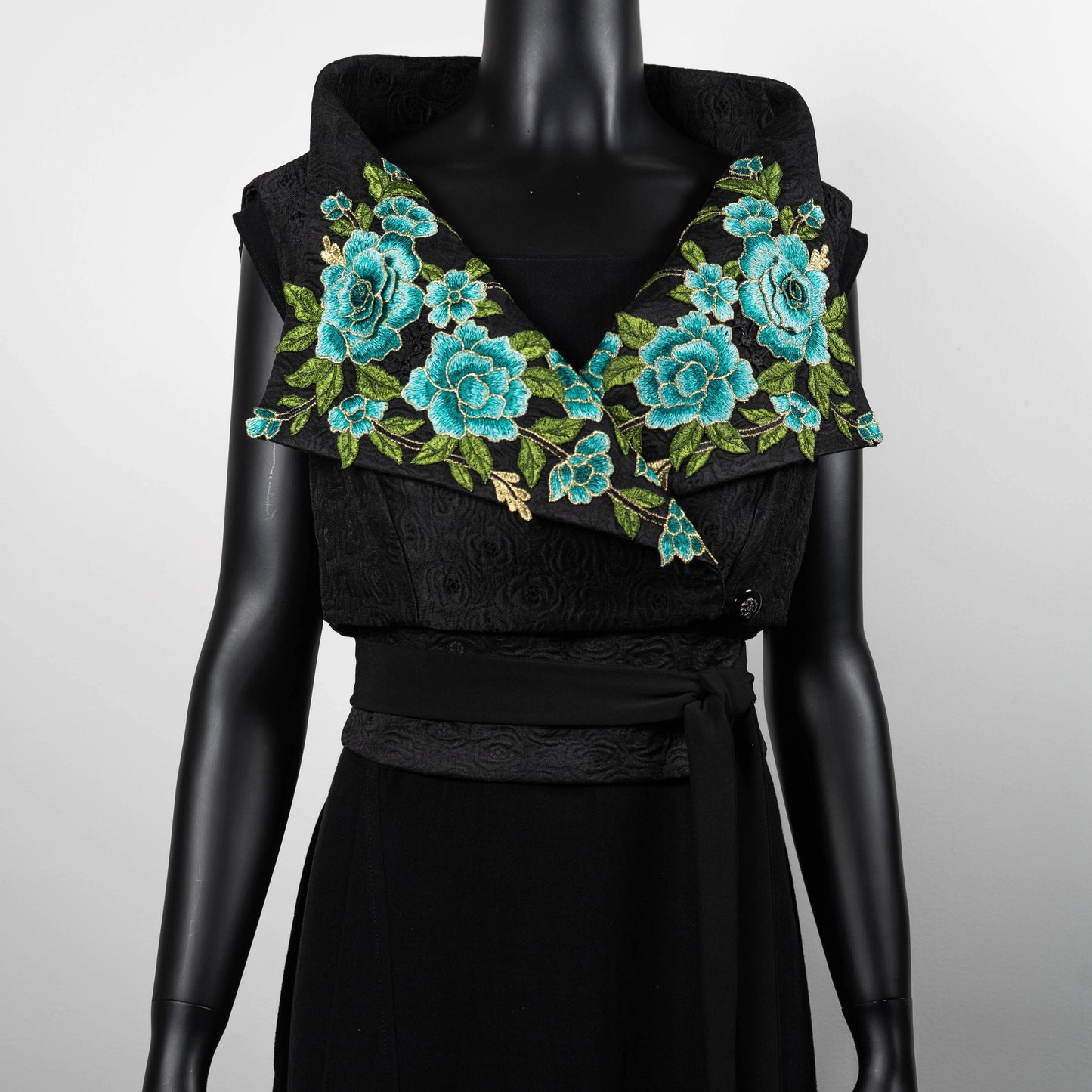 Ophelia Vest & Obi Belt Set - Black Rose Jacquard With Luxe Blue Floral Applique - One Of A Kind