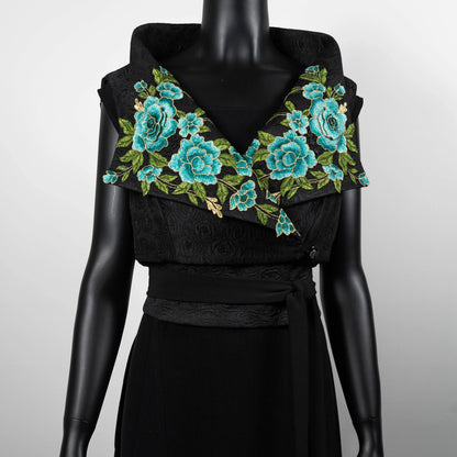 Ophelia Vest & Obi Belt Set - Black Rose Jacquard With Luxe Blue Floral Applique - One Of A Kind