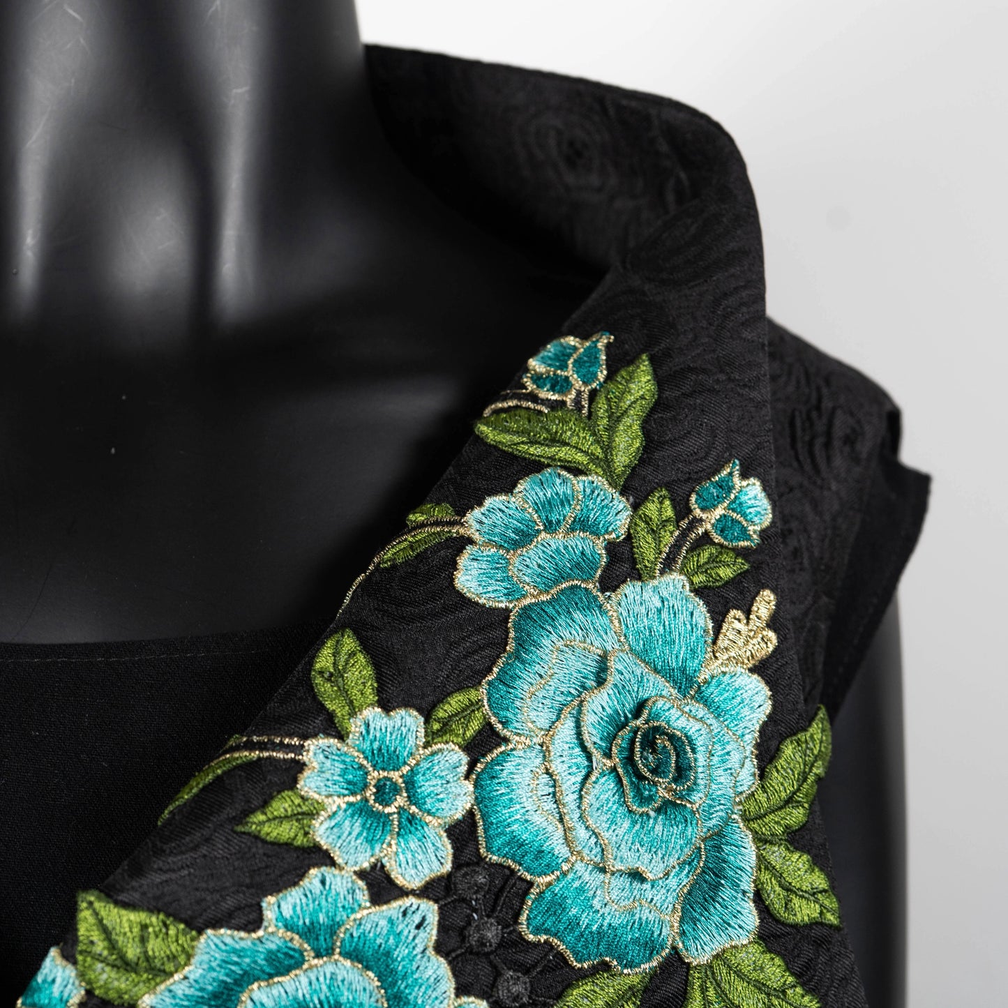 Ophelia Vest & Obi Belt Set - Black Rose Jacquard With Luxe Blue Floral Applique - One Of A Kind