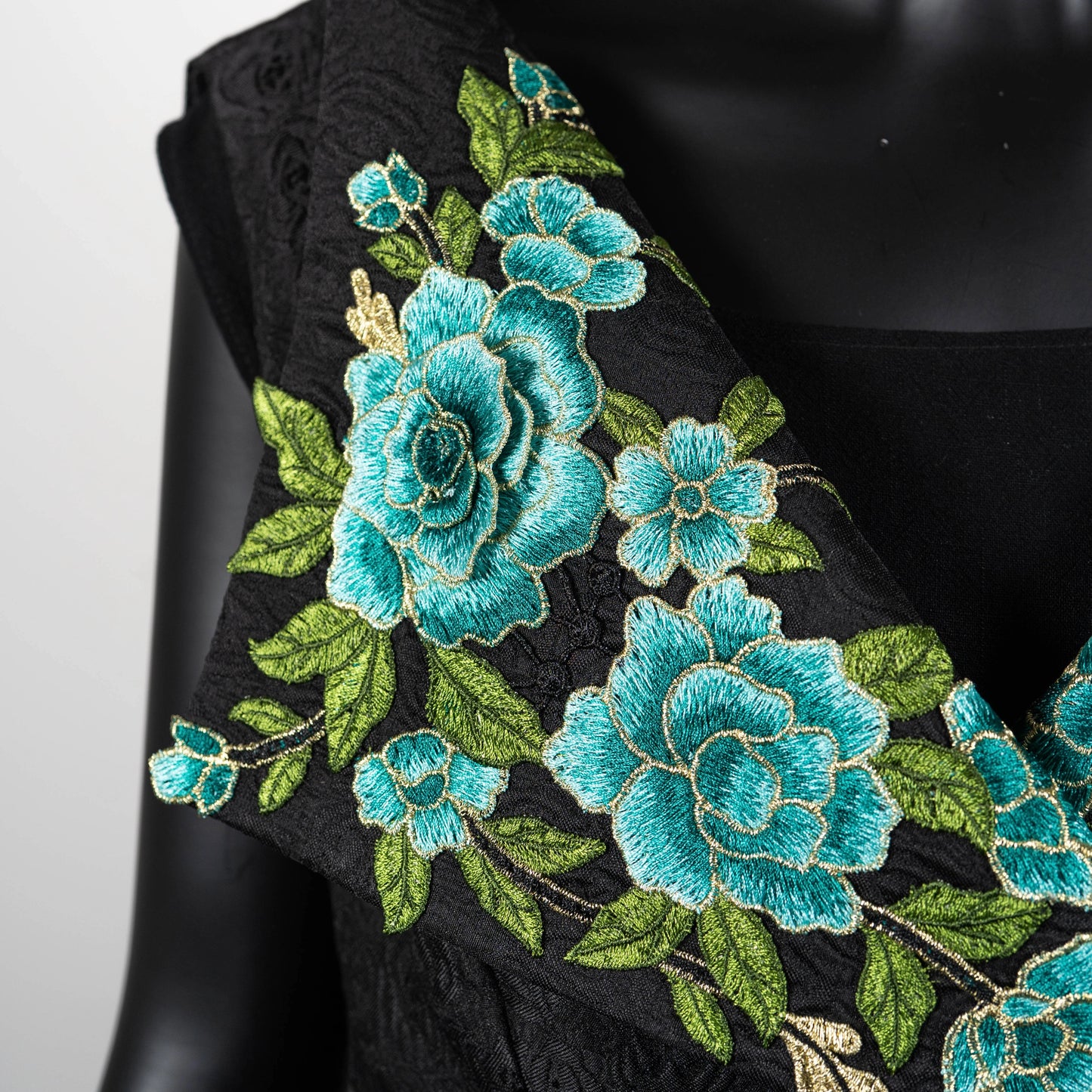Ophelia Vest & Obi Belt Set - Black Rose Jacquard With Luxe Blue Floral Applique - One Of A Kind