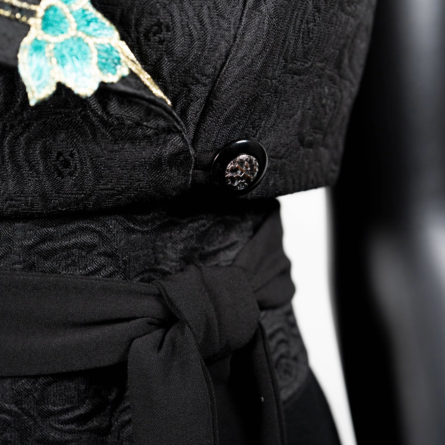 Ophelia Vest & Obi Belt Set - Black Rose Jacquard With Luxe Blue Floral Applique - One Of A Kind