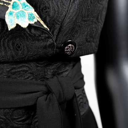 Ophelia Vest & Obi Belt Set - Black Rose Jacquard With Luxe Blue Floral Applique - One Of A Kind