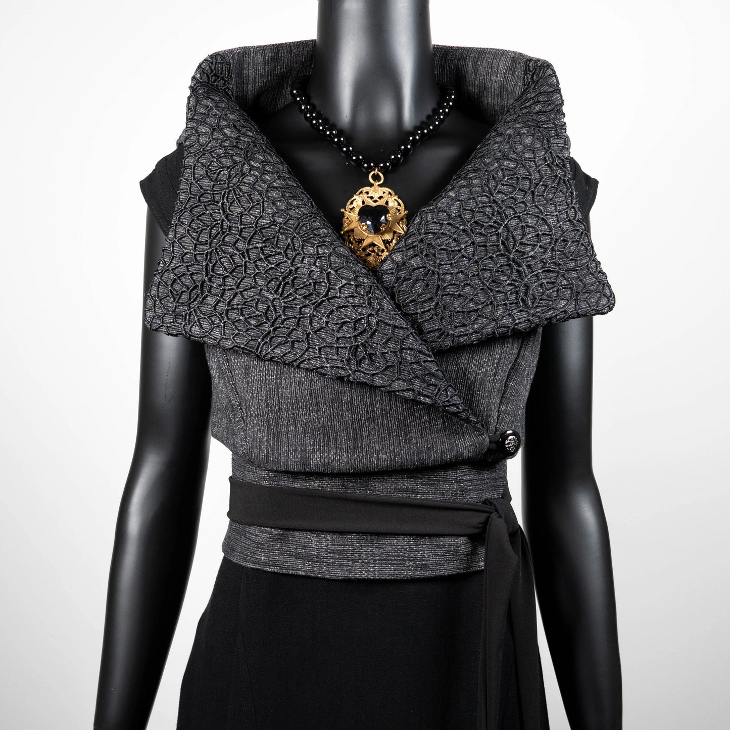 Ophelia Vest & Obi Belt Set - Grey With Black Mesh Collar