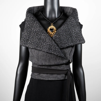 Ophelia Vest & Obi Belt Set - Grey With Black Mesh Collar