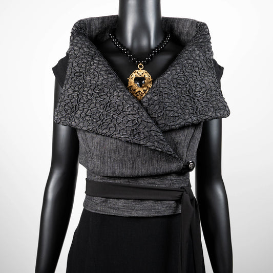 Ophelia Vest & Obi Belt Set - Grey With Black Mesh Collar