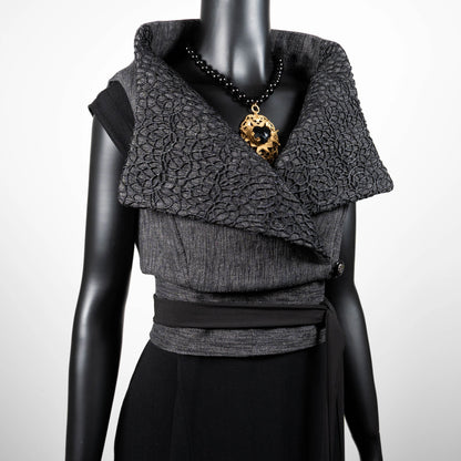Ophelia Vest & Obi Belt Set - Grey With Black Mesh Collar