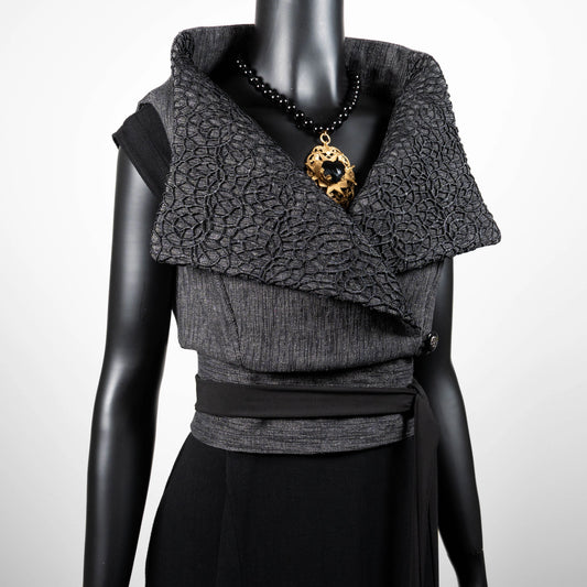 Ophelia Vest & Obi Belt Set - Grey With Black Mesh Collar