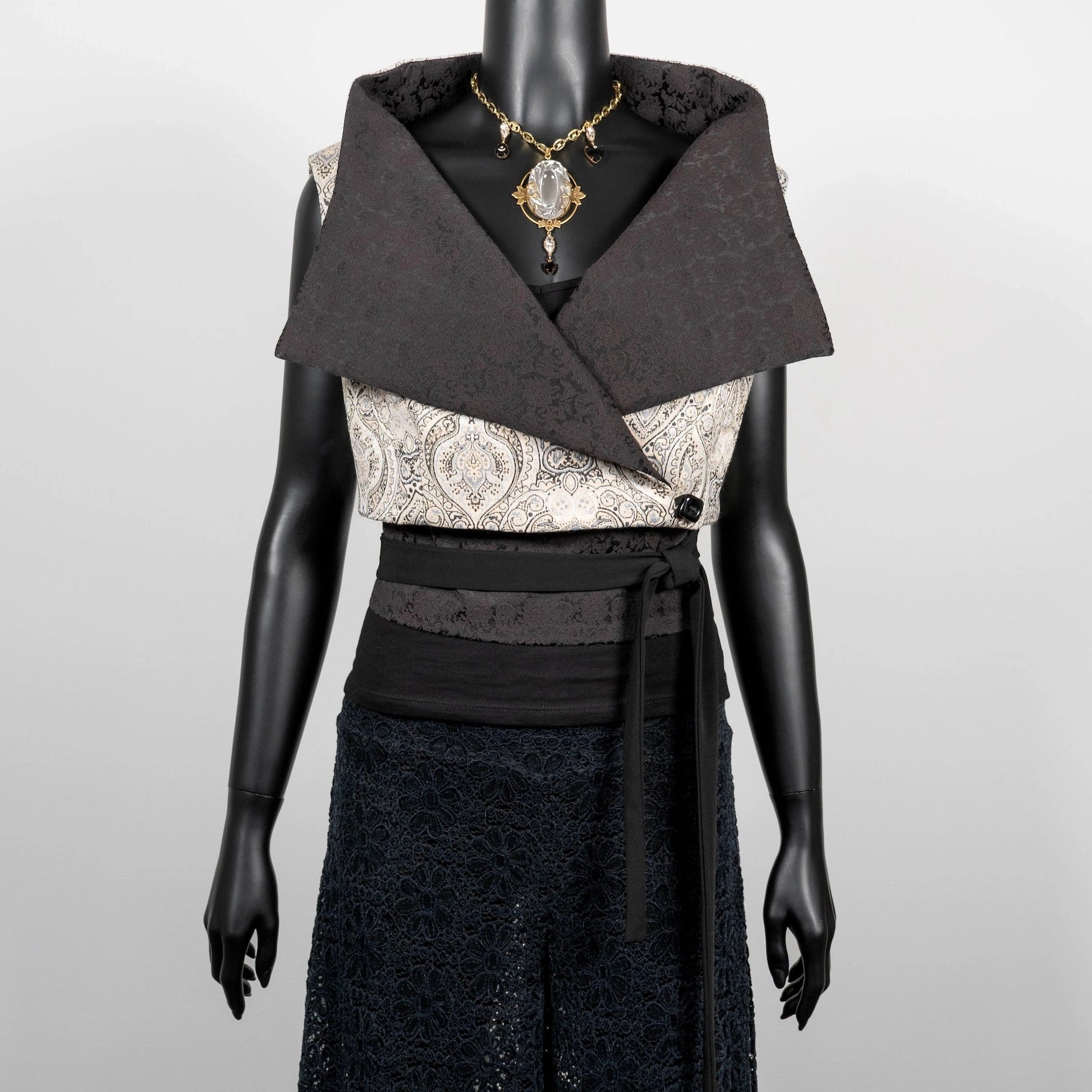 Cream and silver jacquard brocade vest with wide high collar black rose obi belt black lace pants evening wear made in Australia Eloise the label