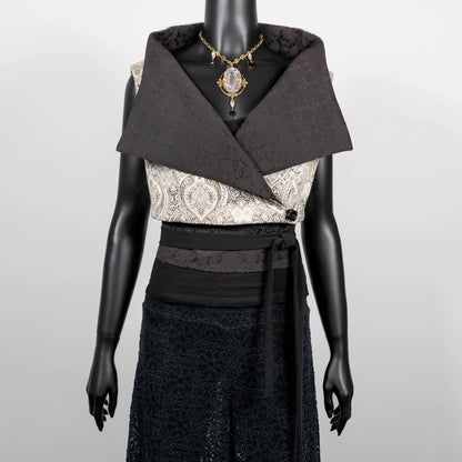 Cream and silver jacquard brocade vest with wide high collar black rose obi belt black lace pants evening wear made in Australia Eloise the label