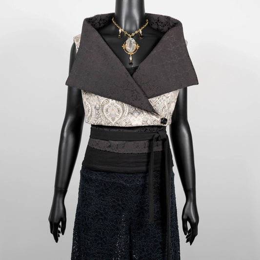 Cream and silver jacquard brocade vest with wide high collar black rose obi belt black lace pants evening wear made in Australia Eloise the label