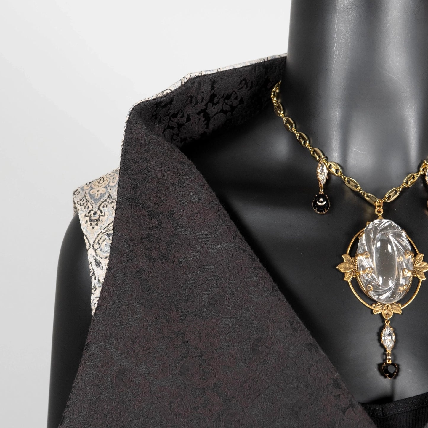 Cream and silver jacquard brocade vest with wide high collar black rose obi belt black lace pants evening wear made in Australia Eloise the label