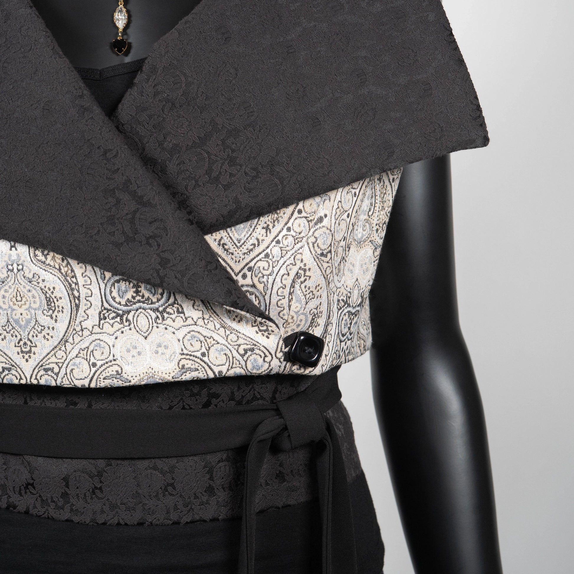 Cream and silver jacquard brocade vest with wide high collar black rose obi belt black lace pants evening wear made in Australia Eloise the label