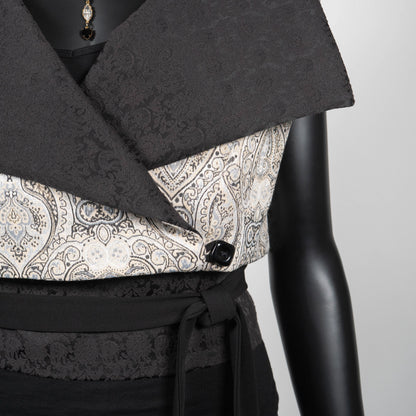 Cream and silver jacquard brocade vest with wide high collar black rose obi belt black lace pants evening wear made in Australia Eloise the label