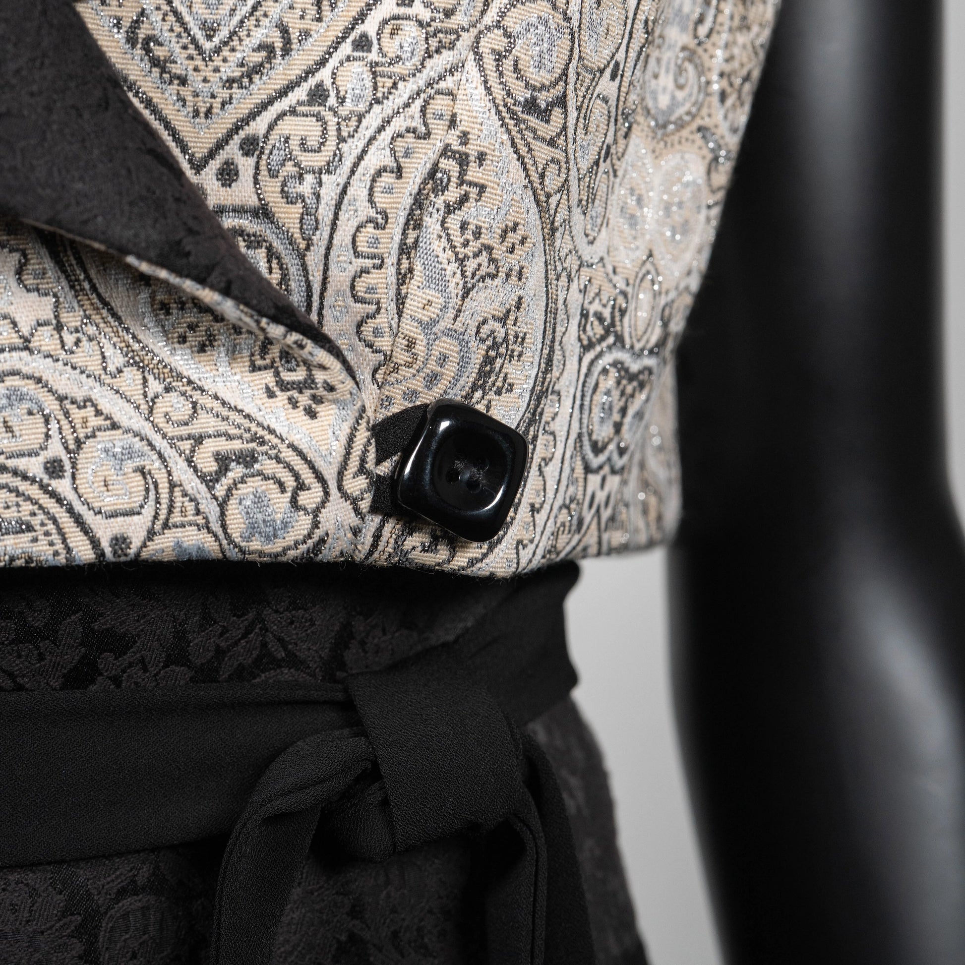 Cream and silver jacquard brocade vest with wide high collar black rose obi belt black lace pants evening wear made in Australia Eloise the label