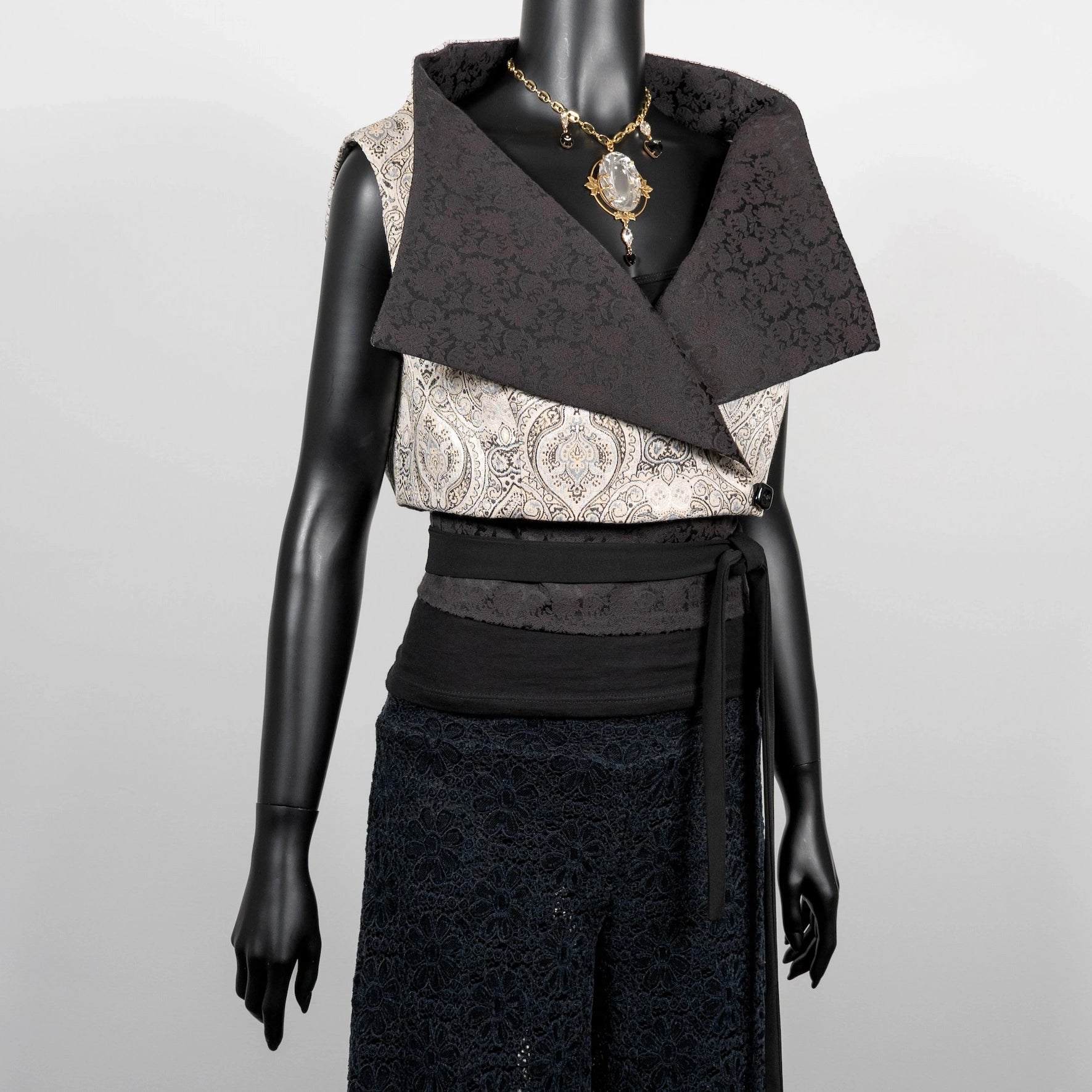 Cream and silver jacquard brocade vest with wide high collar black rose obi belt black lace pants evening wear made in Australia Eloise the label