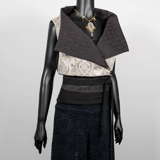 Cream and silver jacquard brocade vest with wide high collar black rose obi belt black lace pants evening wear made in Australia Eloise the label
