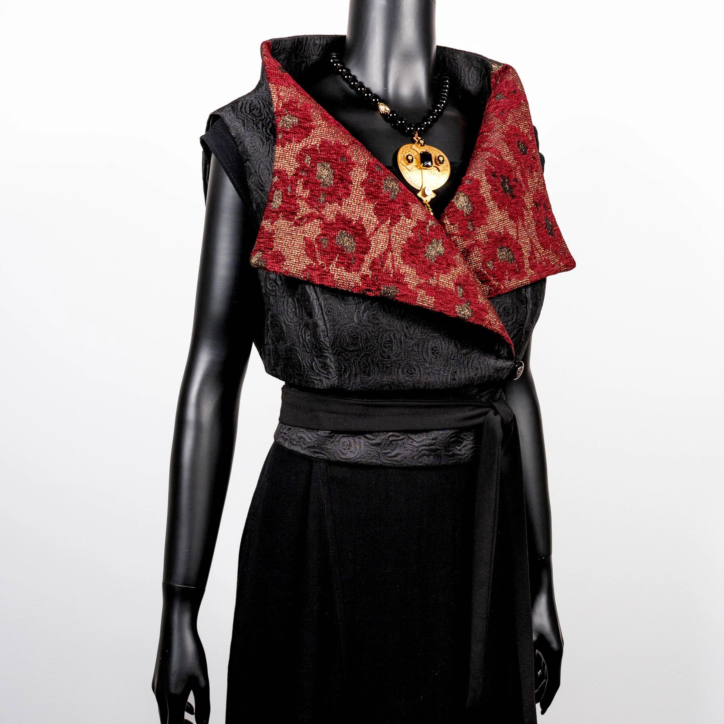 Black floral jacquard vest with burgandy collar high collar and wide lapel black jacquard obi belt made in Melbourne Eloise the label cross necklace black onyx beads