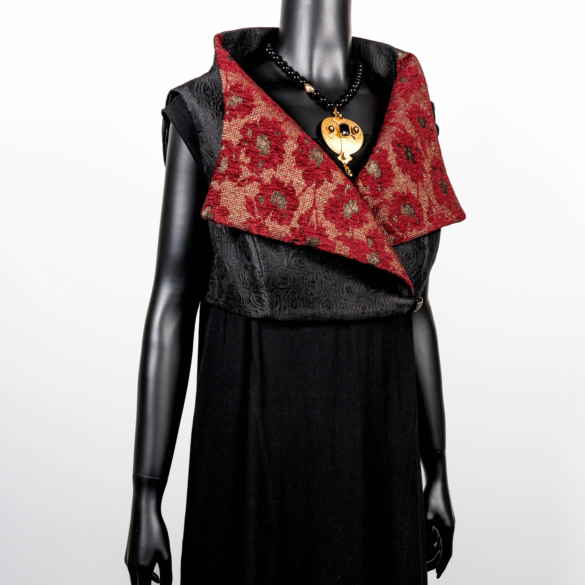 Black floral jacquard vest with burgandy collar high collar and wide lapel black jacquard obi belt made in Melbourne Eloise the label cross necklace black onyx beads