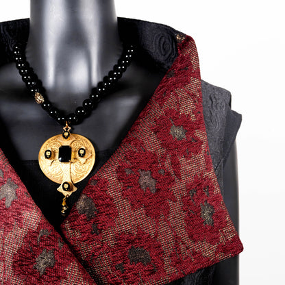 Black floral jacquard vest with burgandy collar high collar and wide lapel black jacquard obi belt made in Melbourne Eloise the label cross necklace black onyx beads