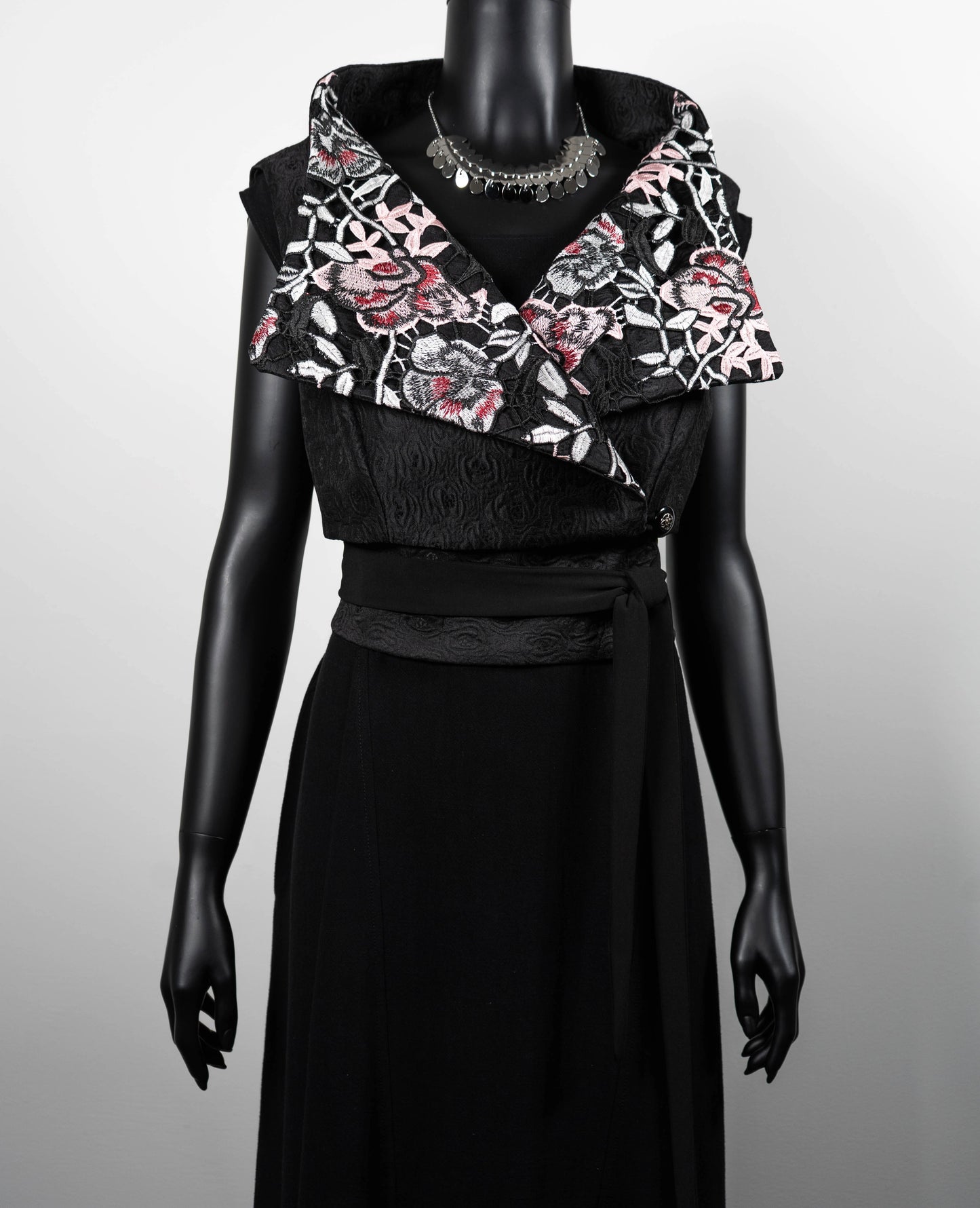 Womans vest black jacquard pink floral lace collar black obi belt black linen dress made in Melbourne evening wear silver choker necklace Eloise the label