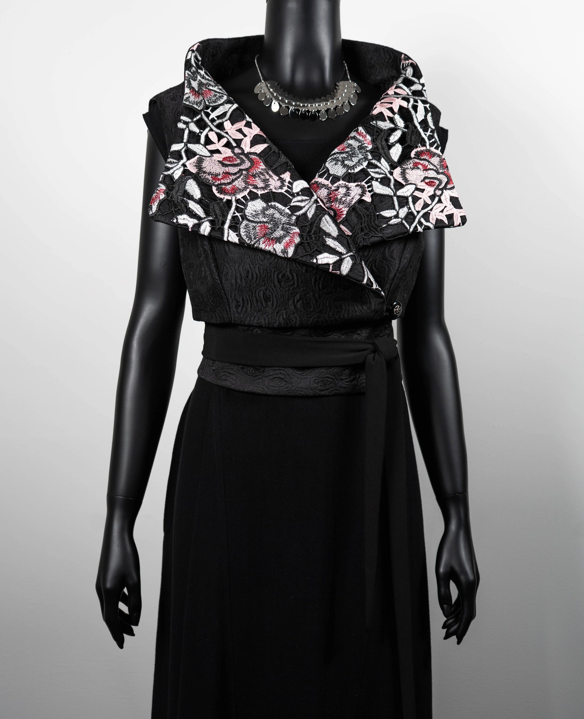 Womans vest black jacquard pink floral lace collar black obi belt black linen dress made in Melbourne evening wear silver choker necklace Eloise the label