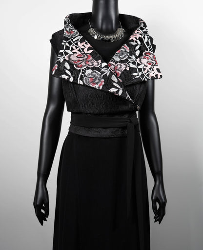 Womans vest black jacquard pink floral lace collar black obi belt black linen dress made in Melbourne evening wear silver choker necklace Eloise the label
