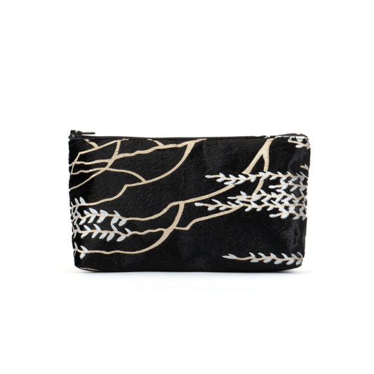 zip top purse in black velvet with gold and silver willow vine print made in Melbourne Eloise the label