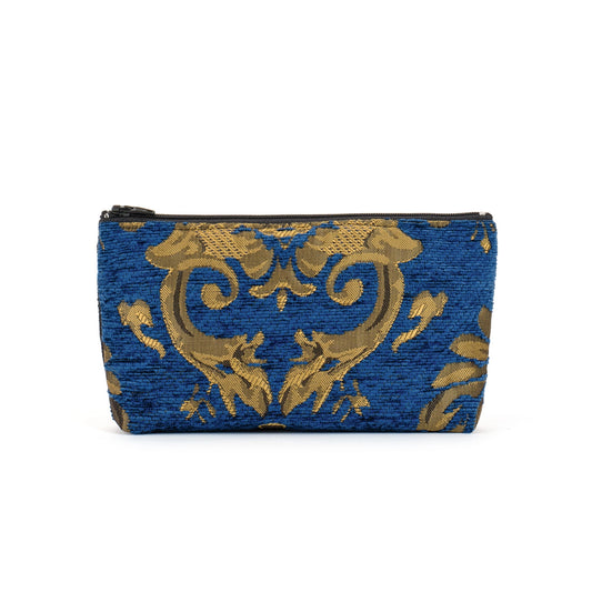 Zip top Purse blue and gold remnant fabric made in Melbourne Eloise the label
