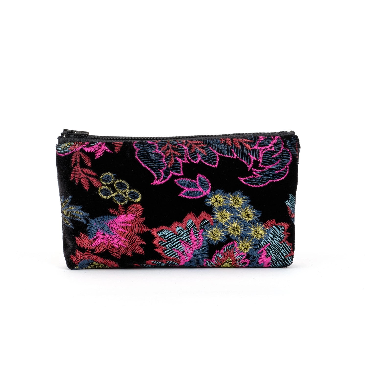 zip top purse in pink floral embroidered black velvet made in Melbourne Eloise the label