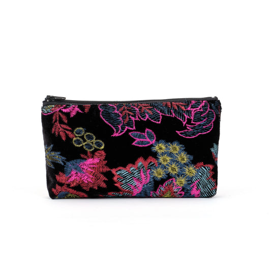 zip top purse in pink floral embroidered black velvet made in Melbourne Eloise the label