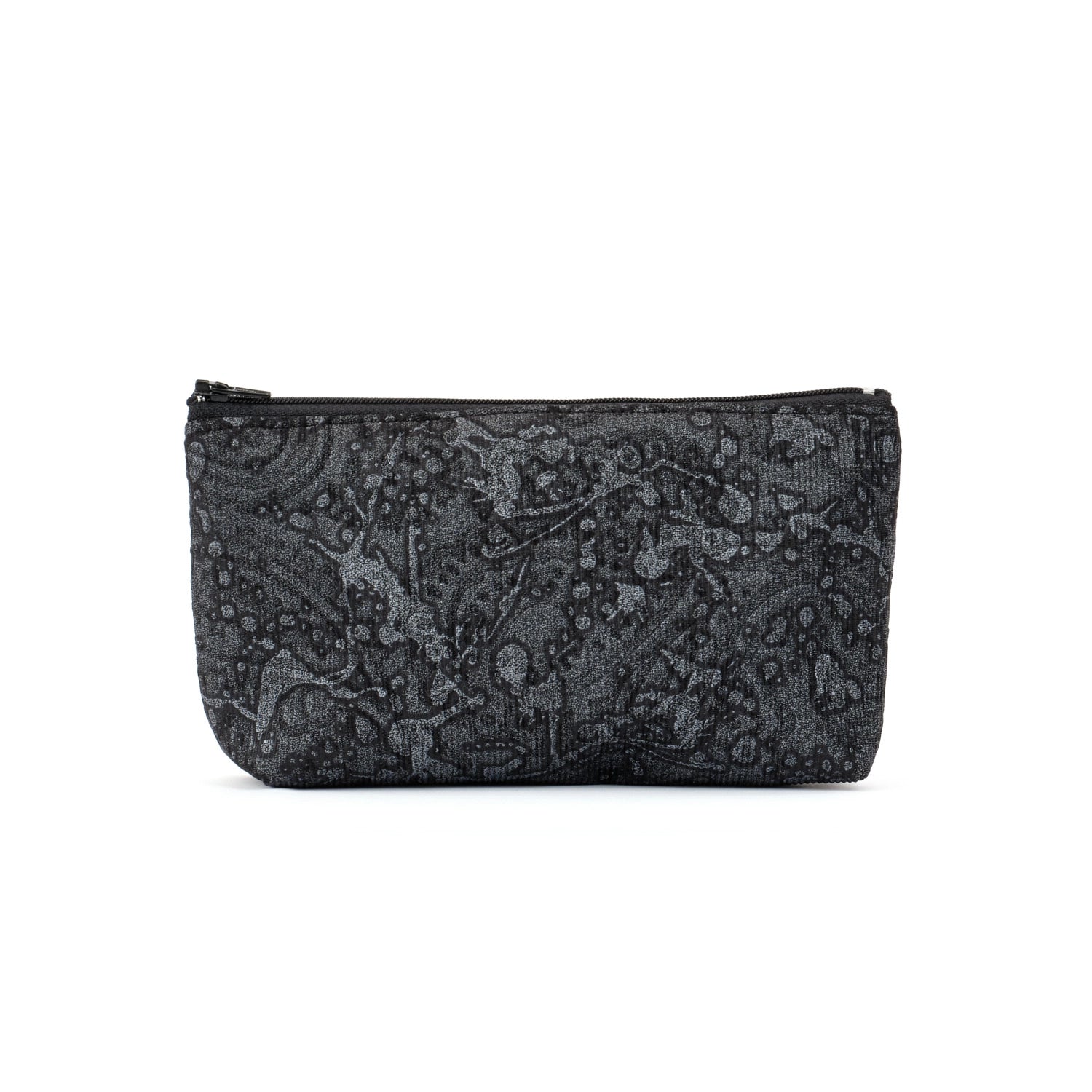 zip top purse in grey paisley ink splatter remnant fabric made In Melbourne Eloise the label